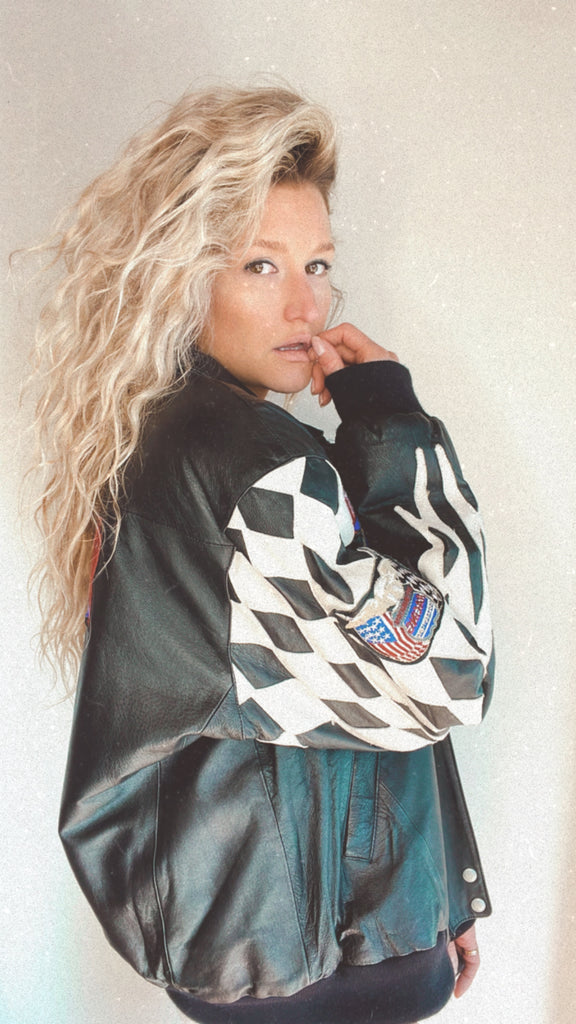 Leather jacket with outlet checkered sleeves