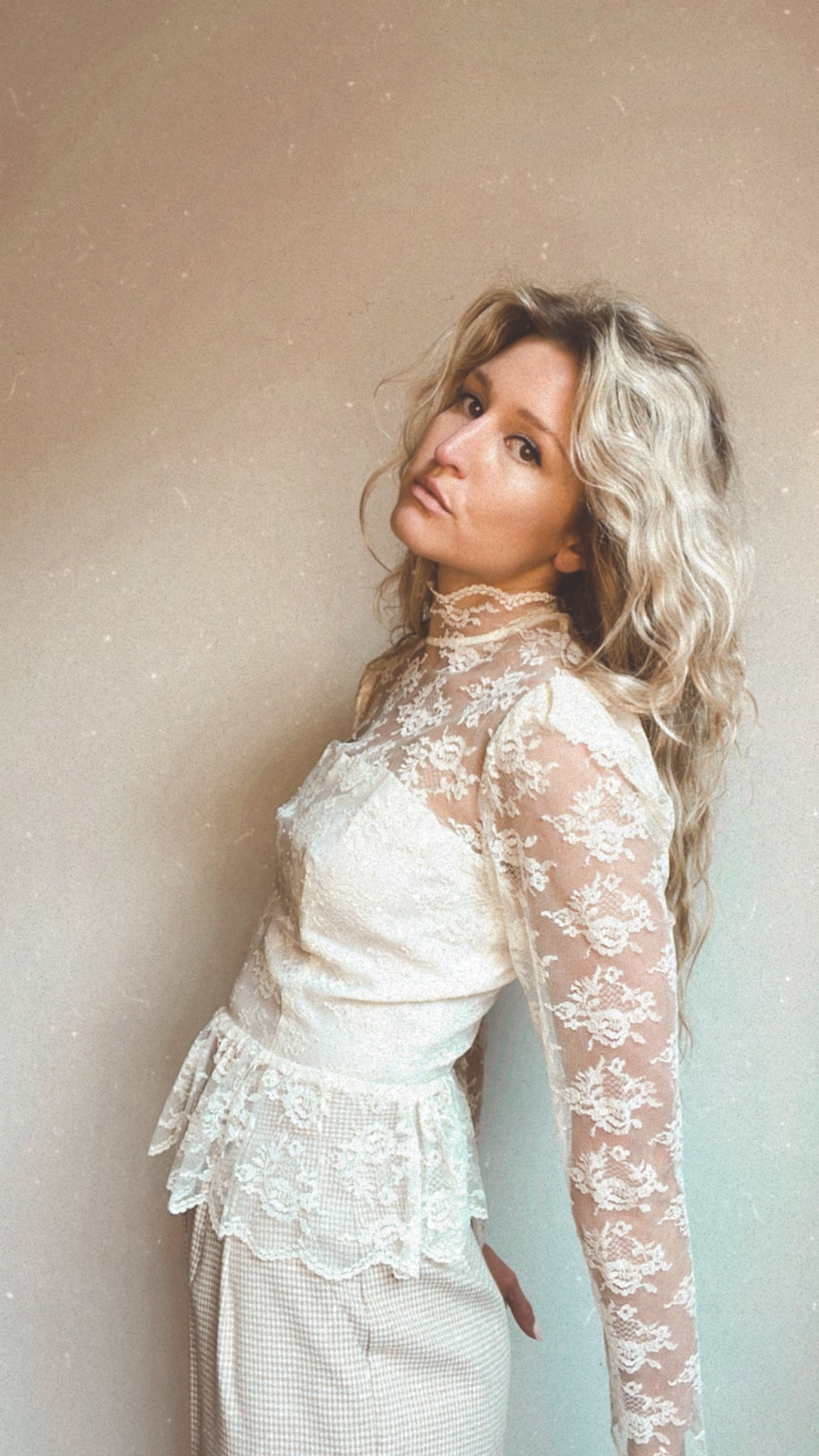 Vintage Structured Cream Lace Turtleneck