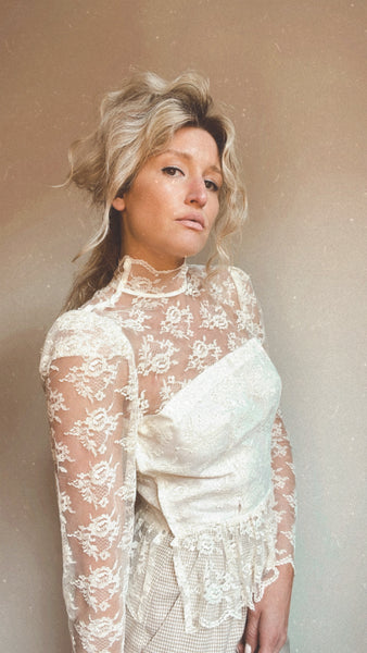 Vintage Structured Cream Lace Turtleneck