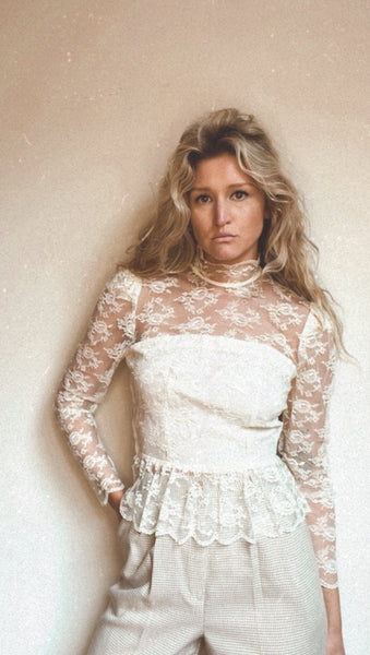 Vintage Structured Cream Lace Turtleneck