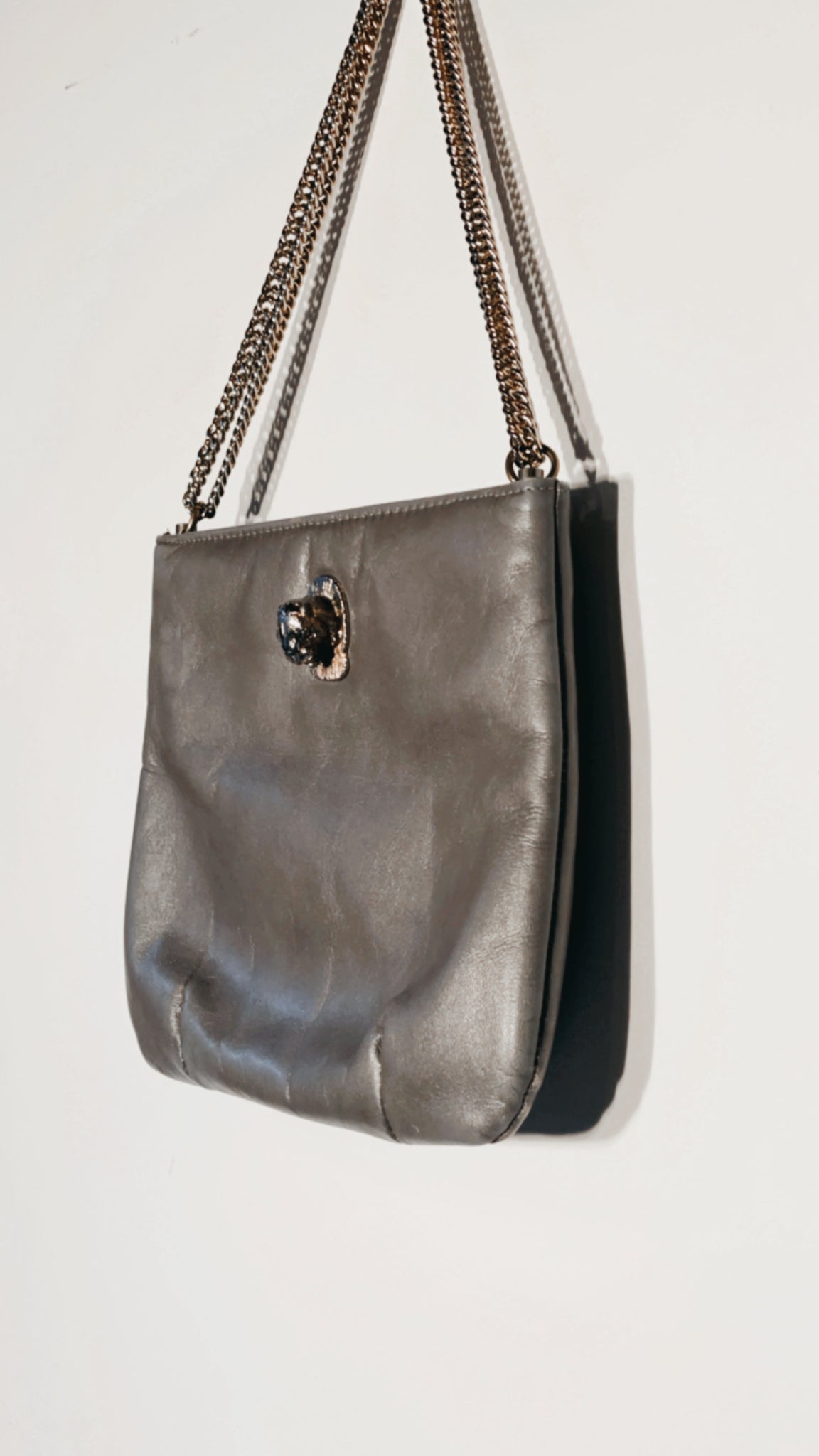 Vintage Grey Leather Lion Purse
