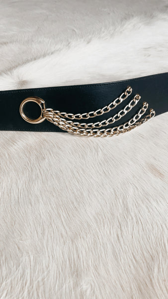 'The Limited' Black Leather Belt with Gold Chains