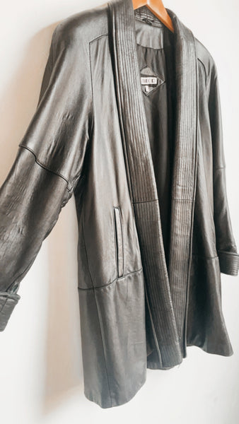 Vintage 80s Long Black Leather Coat