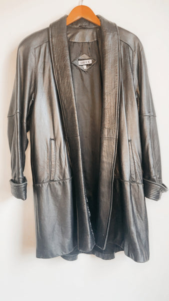 Vintage 80s Long Black Leather Coat