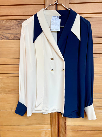 Vintage Chanel Navy & Cream Silk Blouse 36