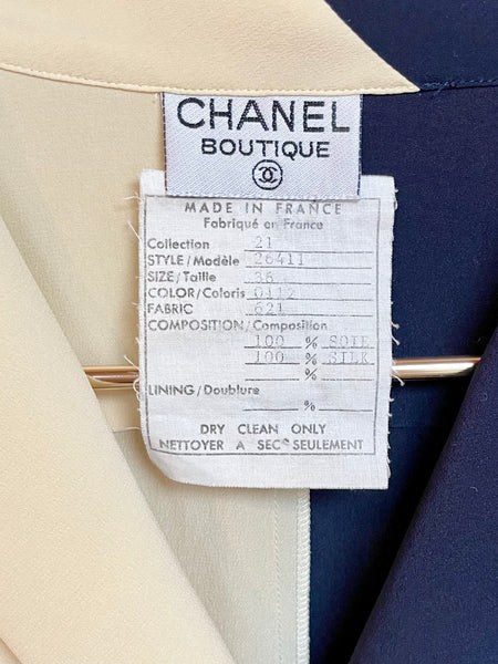 Vintage Chanel Navy & Cream Silk Blouse 36