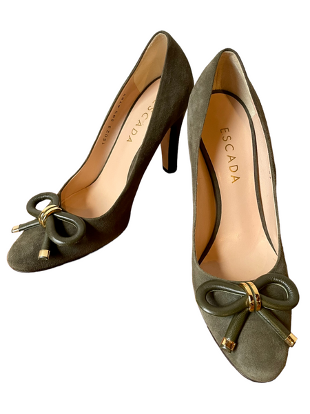 'Escada' Army Green Suede Bow Heels 38.5