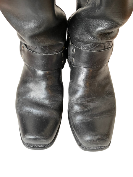 Black Leather Harnessed Moto Boots 11