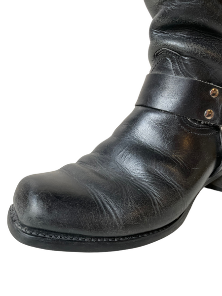 Black Leather Harnessed Moto Boots 11