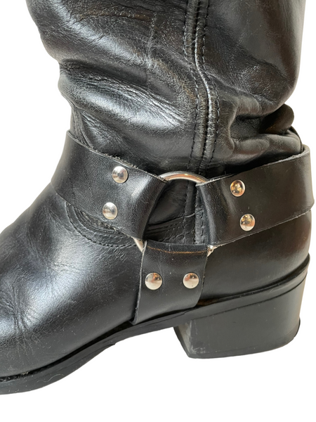 Black Leather Harnessed Moto Boots 11