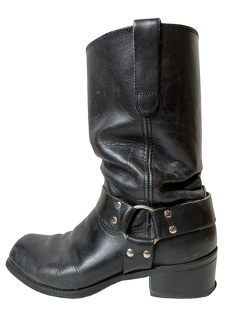Black Leather Harnessed Moto Boots 11
