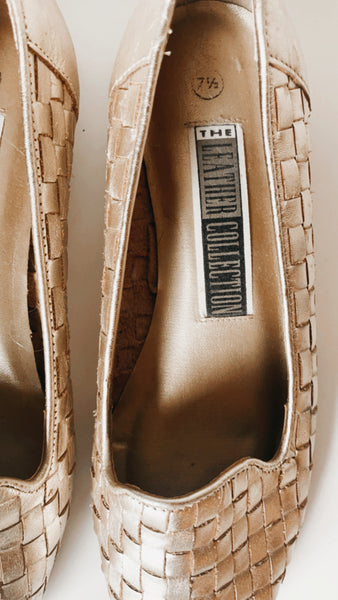 Vintage Gold Leather Woven Flats 7.5