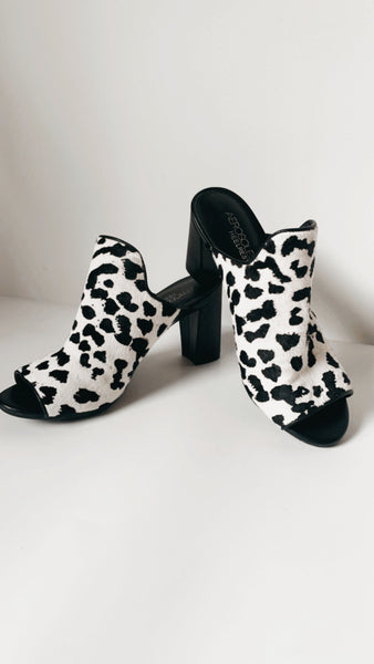 Black and White Pony Hair Mules 7.5