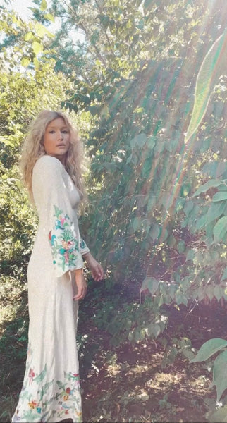 Linen Wildflower Embroidered Cream Bell-Sleeved Gown
