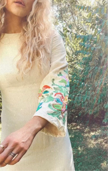 Linen Wildflower Embroidered Cream Bell-Sleeved Gown