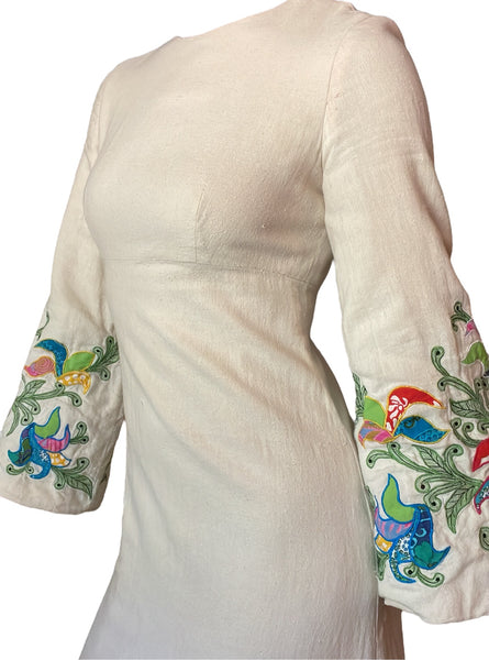 Linen Wildflower Embroidered Cream Bell-Sleeved Gown
