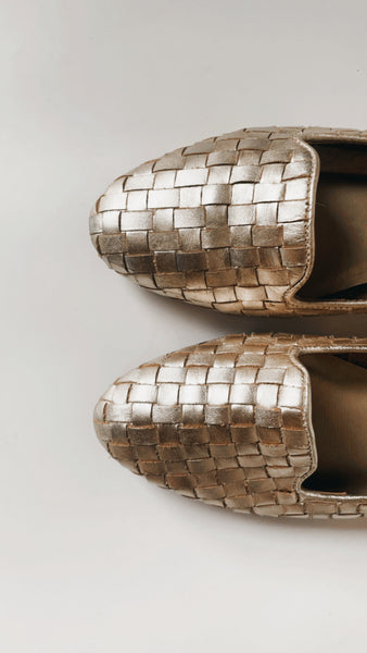 Vintage Gold Leather Woven Flats 7.5