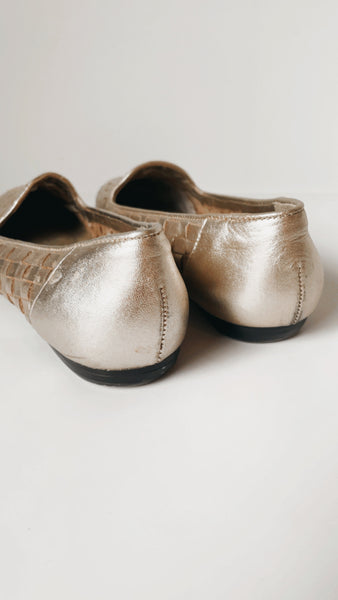 Vintage Gold Leather Woven Flats 7.5