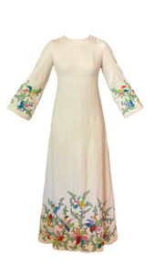Linen Wildflower Embroidered Cream Bell-Sleeved Gown