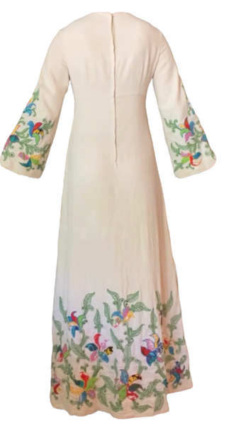 Linen Wildflower Embroidered Cream Bell-Sleeved Gown