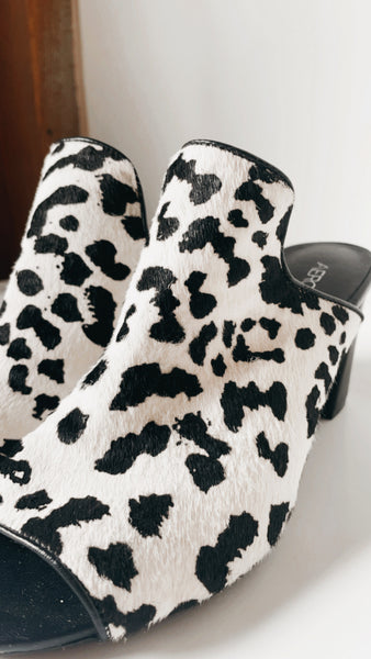 Black and White Pony Hair Mules 7.5