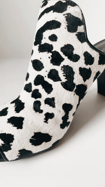 Black and White Pony Hair Mules 7.5