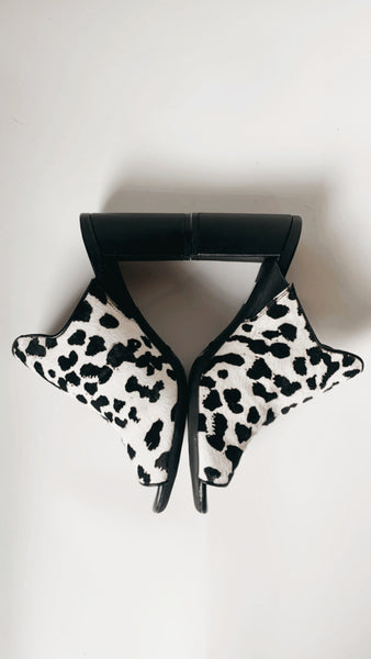 Black and White Pony Hair Mules 7.5